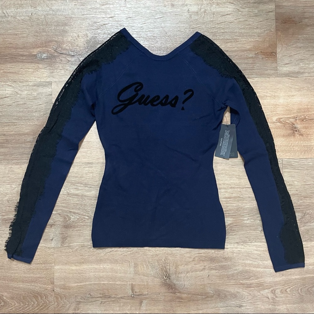NWT Guess long lace sleeve with logo low back sweater